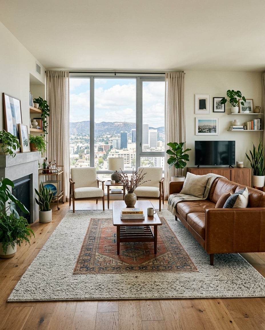 Warm, styled Los Angeles apartment living room