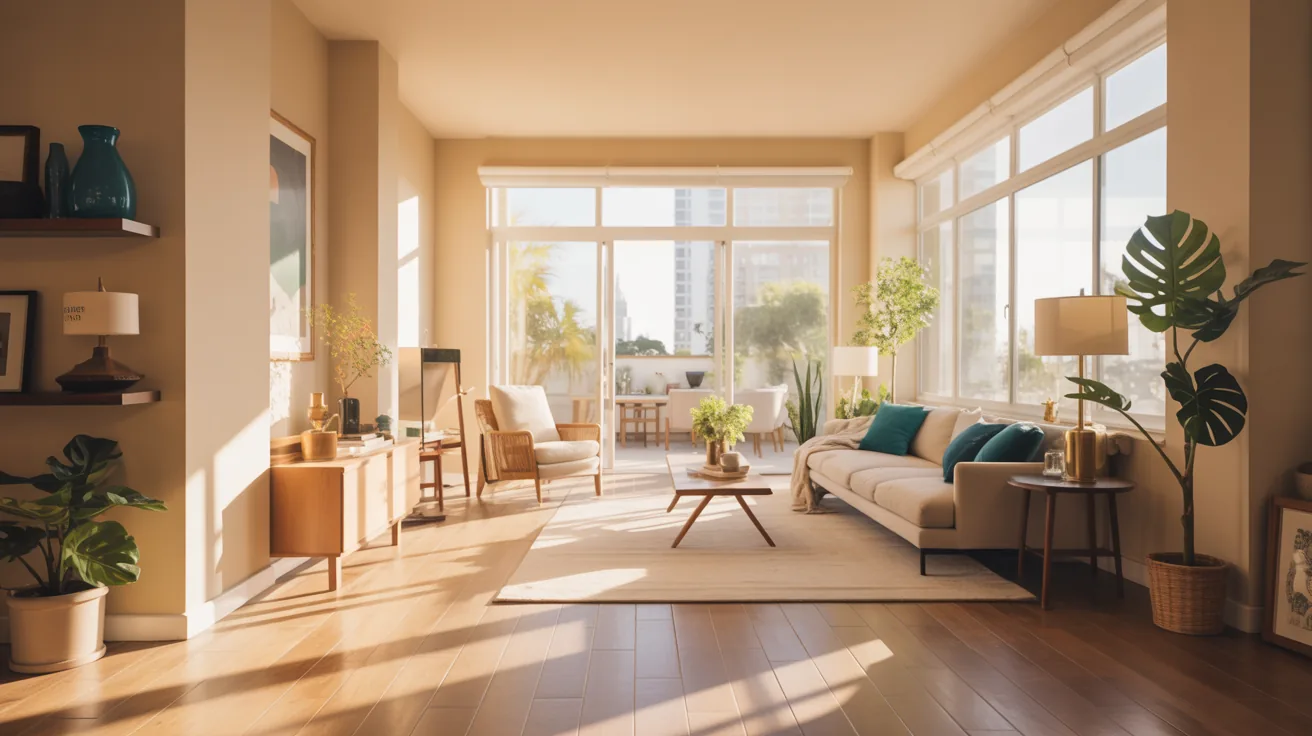 Beautiful, sunlit modern apartment living room with warm styling